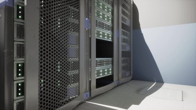 Server room with active rows of supercomputers