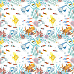 Fototapeta premium Seamless pattern with marine fauna isolated on white background. Watercolor illustration of angelfish, shells, corals, octopus, seaweed, water, sea, ocean. Print, design, poster, fabric, decoration