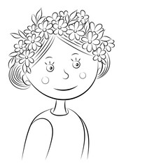 Sketch portrait of a cartoon girl in a wreath of flowers, isolate on white