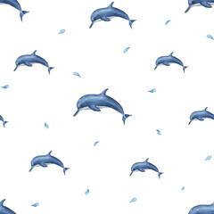 Watercolor underwater seamless pattern of swimming dolphins isolated on white background. Simple print for design, background, menus, wallpaper, fabric, textile, wrapping.