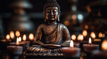 Statuette of a meditating Buddha. Сandles around