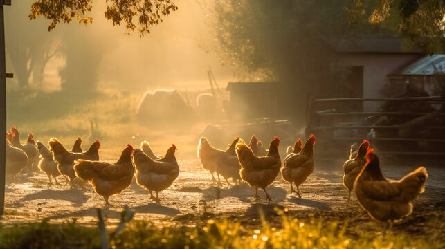 Hens, Roosters, and Chicks. Life on the Farm. Generatine AI.Generative AI