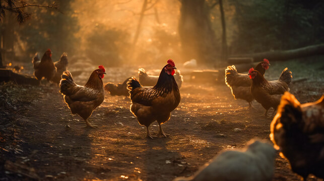 Hens, Roosters, and Chicks. Life on the Farm. Generatine AI.Generative AI