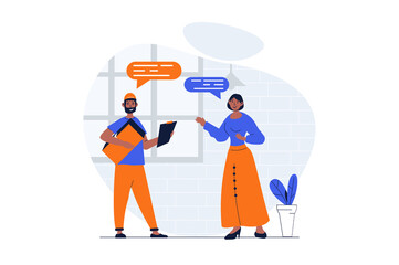 Delivery service web concept with character scene. Man delivering parcel to clients, woman paying to courier. People situation in flat design. Illustration for social media marketing material.