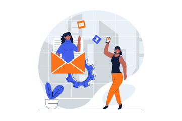 Designer studio web concept with character scene. Women creating and promotion product, making advertising. People situation in flat design. Illustration for social media marketing material.