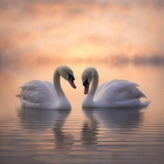 two swans in love on a lake in the sunrise Generative Ai