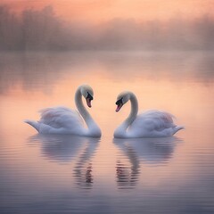 two swans in love on a lake in the sunrise Generative Ai