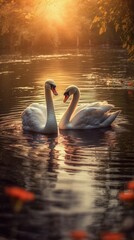 two white swans are laying in the water Generative Ai