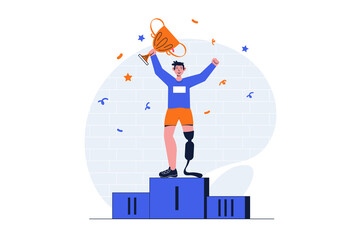Disabilities people web concept with character scene. Man with prosthetic leg wins at Paralympic Games. People situation in flat design. Illustration for social media marketing material.