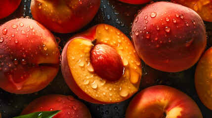 Naklejka na ściany i meble Peach Background Adorned with Glimmering Droplets. Top-Down View. Generative AI