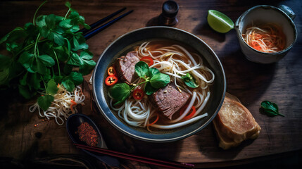Fototapeta na wymiar Vietnamese Pho Bo Soup. AI Generated