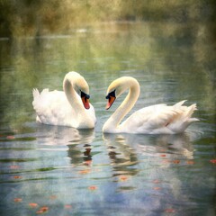 two white swans are swimming in the water together Generative Ai