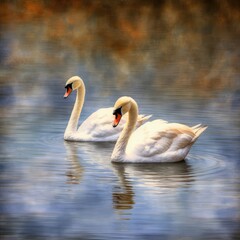 Fototapeta premium two white swans are swimming in the water together Generative Ai