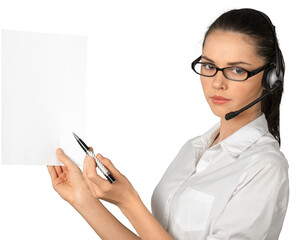 Woman Talking on Headset and Presenting Blank Sheet of Paper - Isolated