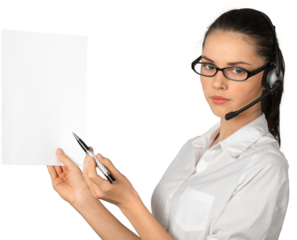 Woman Talking on Headset and Presenting Blank Sheet of Paper - Isolated