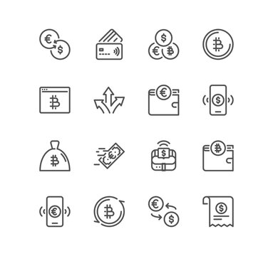 Set of finance related icons, money, stock market, contract, exchange, goal, target, bank safe, savings, investment, currency, earnings, income, revenue and linear variety vectors.