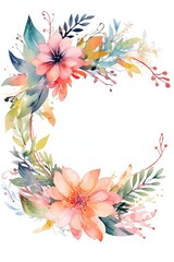 Fototapeta na wymiar Watercolor floral oval wreath of summer botanical flowers for wedding invitation isolated on white background. Generative AI.
