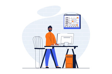 Fototapeta premium Freelance working web concept with character scene. Man manager planning tasks and briefing colleagues online. People situation in flat design. Illustration for social media marketing material.