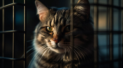 Trapped feline in metal prison. AI Generated