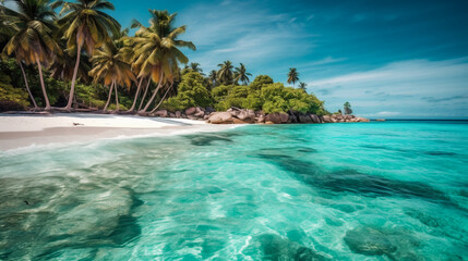 Fototapeta na wymiar Tropical beach with turquoise water, white sand, and palm trees. AI Generated