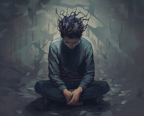 Illustration of a man in depression and despair trying to cope with himself. Mental disorder. mental health. A man who needs help. Generative AI.