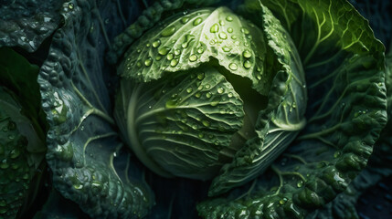 Fototapeta premium Water Droplets on Cabbage Leaves. Generative AI
