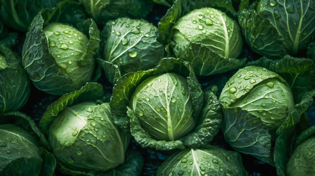 Water Droplets on Cabbage Leaves. Generative AI
