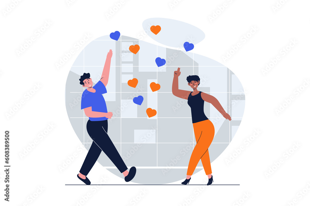 Poster people dancing web concept with character scene. man and woman enjoying dance in discotheques or stu