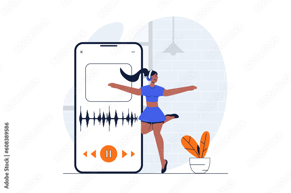 Aufkleber people dancing web concept with character scene. woman enjoying dance in studio and training with mo