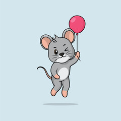 Vector cute baby mouse cartoon floating holding balloon icon illustration. Flat bear vector illustration, flat icon sticker isolated.