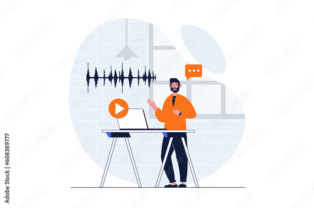 Aufkleber Podcast streaming web concept with character scene. Man recording voice audio and making broadcast in studio. People situation in flat design. Illustration for social media marketing material.