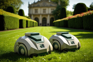 Rasenmäher roboter autonom gesteuert auf der Wiese, aigenerativ