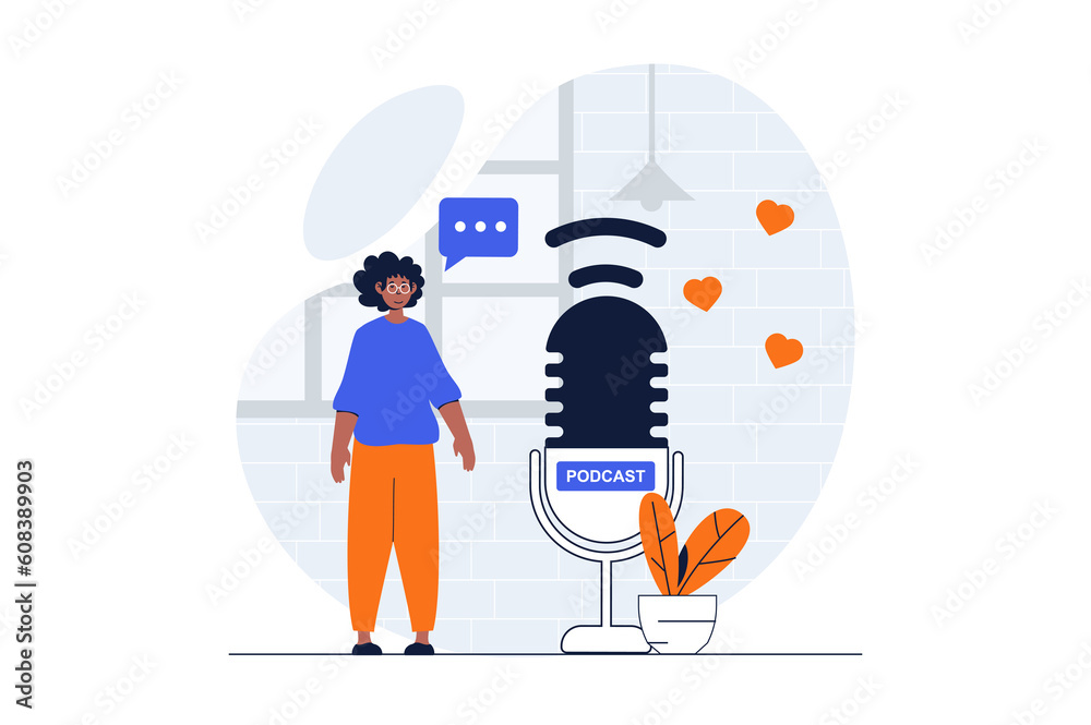 Poster podcast streaming web concept with character scene. man recording audio in huge microphone for podca