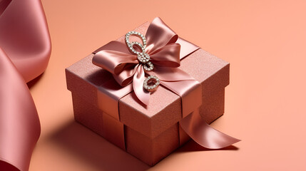 Obraz premium Pink and Rose Gold gift box, pink ribbon, luxury gift, jewels, diamonds beautiful gift, mother's day, modern, made with Generative AI
