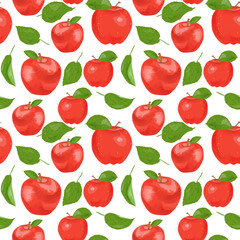 Vector summer watercolor print with apples and leaves. Seamless texture pattern.
