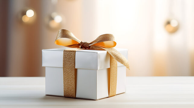 White gift, White and Gold gift box, golden ribbon, luxury gift, beautiful gift, made with Generative AI