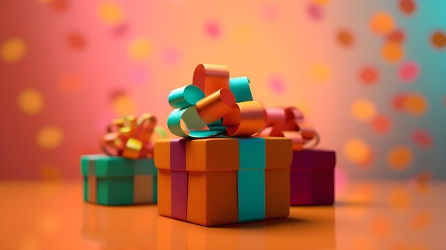 multicolor gifts, rainbow gifts, many gifts, several gifts, 3D gifts, orange, green and magenta, pop colors, cartoon gift, made with Generative AI