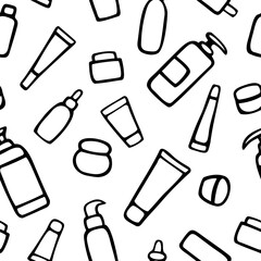 Vector seamless pattern with makeup, beauty elements. Hand drawn, doodle style. Design for fabric, wrapping paper, wallpaper, packaging.