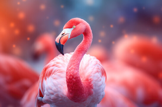 retrato de flamenco rosa sobre fondo desenfocado con bokeh luminoso . ilustraci&oacute;n de ia generativa