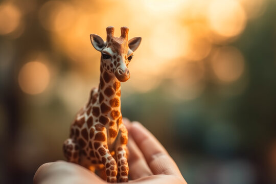 animal en miniatura jirafa en la palma de una mano. Ilustraci&oacute;n de Ia generativa