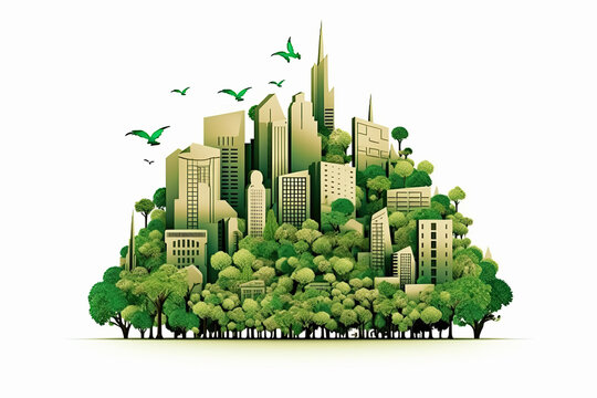 Edificios y ciudad ecologica sobre fondo blanco. Ilustraci&oacute;n de Ia generativa