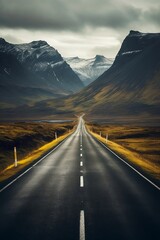 Empty long road with mountains in the background dark clouds. Landscape painting. Vertical wallpaper. Travel and life concept. Generative AI.