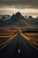 Empty long road with mountains in the background dark clouds. Landscape painting. Vertical wallpaper. Travel and life concept. Generative AI.