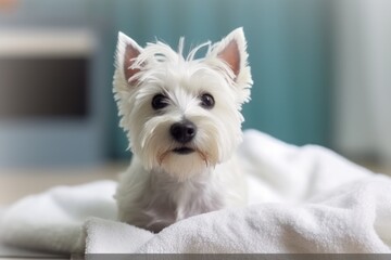 Cute West Highland White Terrier dog after bath. Generative AI