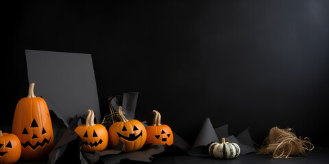 Jack lanterns on the table on black background. Banner with copy space