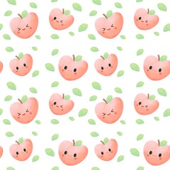 Cute peach seamless pattern on a white background. Kawaii peach cartoon character. Hand drawn pastel peach. Design for fabric, wrapping paper, wallpaper, textiles