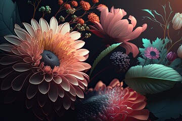 Wildflower Meadow, outer space flowers, botanical herbs, neon glooming colored plants, medical, mushrooms, AI generated art