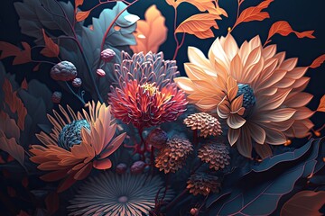 Surreal wildflower meadow, galaxy planet flora, medical herbs, neon glooming colored blossom, mushrooms, orange leafs, AI generated art