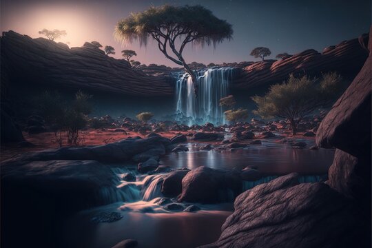 A beautiful marula tree of life at the bottom of a huge waterfall in an African savannah
