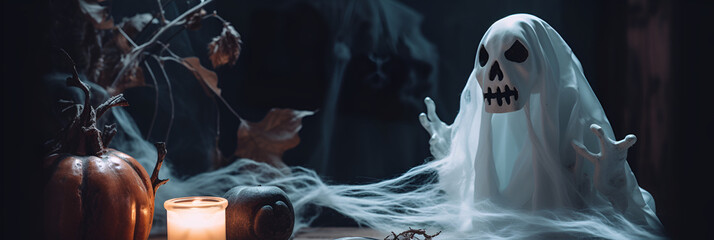 Scary Halloween ghost on the dark background. Banner with copy space